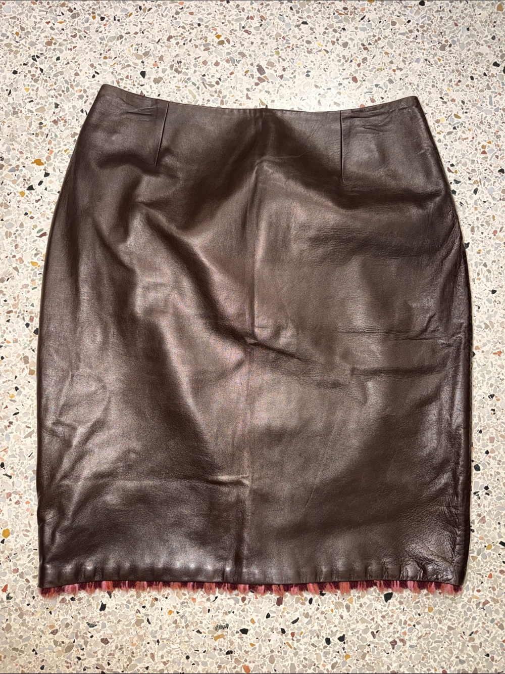 Lela Rose dark brown 100% leather skirt silk fringe hem 8